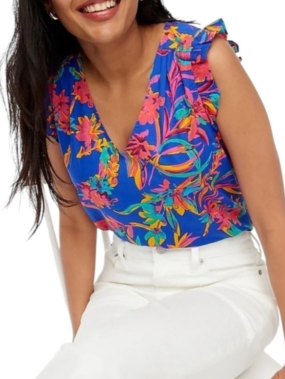 NWT J.Crew Sleeveles V-Neck Tropical ruffle top